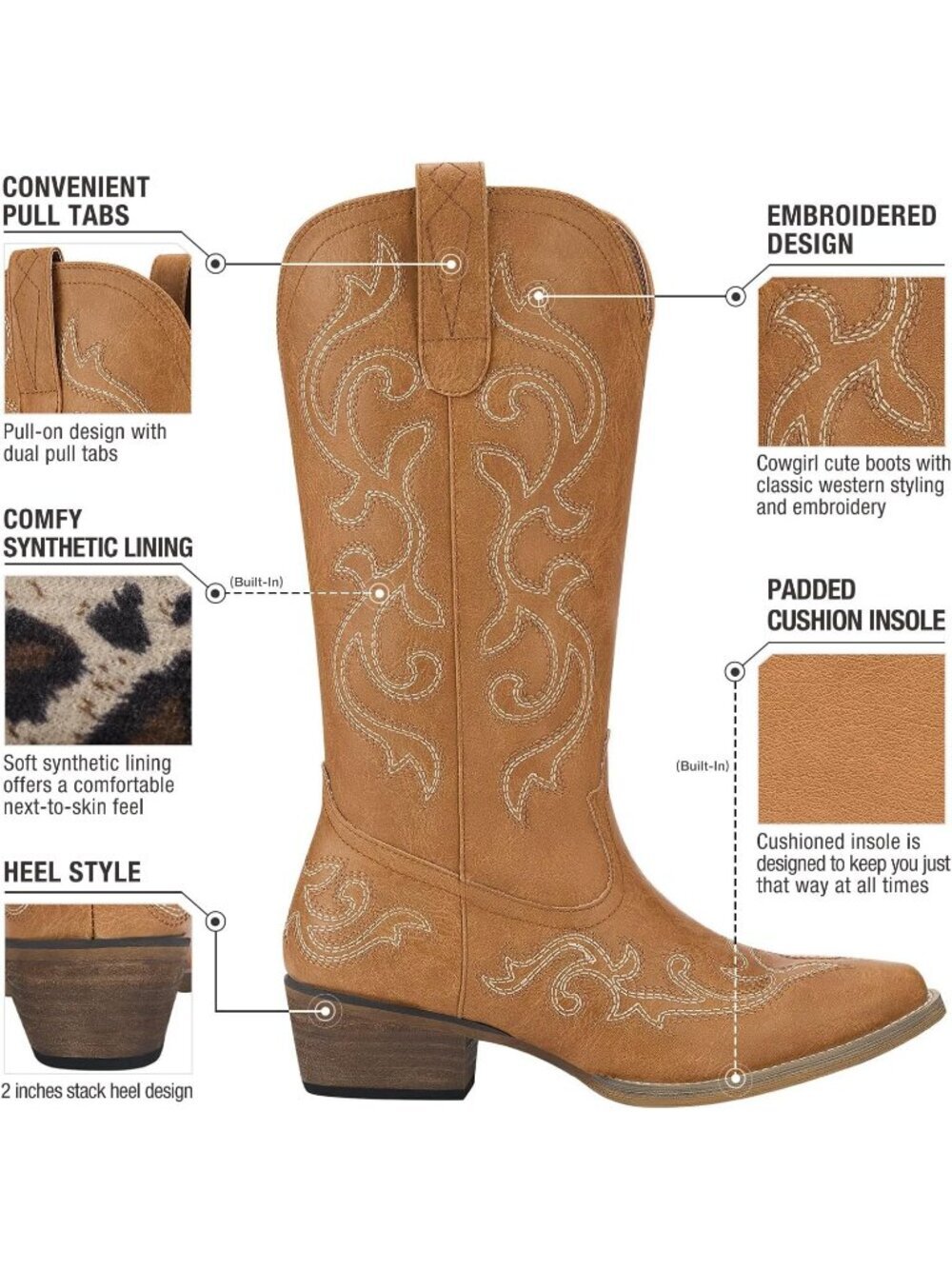Women's Western Cowgirl Boots Brown Chunky Heel Ladies Snip Toe Mid-Calf Boots - Picture 5 of 6